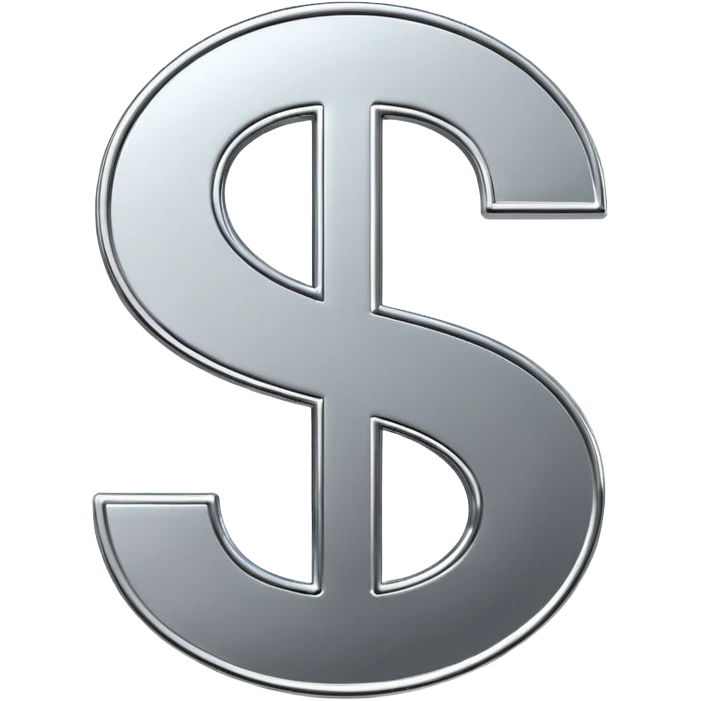 A double dollar sign emoji made of polished silver chrome, smooth metallic surface, glossy reflections, luxury swag vibe, minimal iOS emoji style, centered on white background emoji