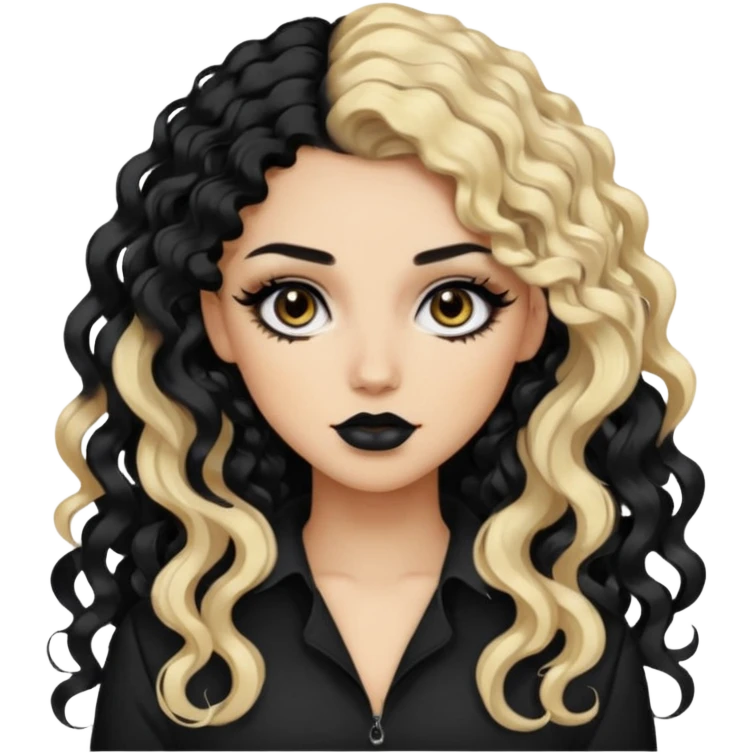split dye leftside blonde rightside black-brown hair, baddie, pretty makeup, black eyeliner, long curly hair emoji