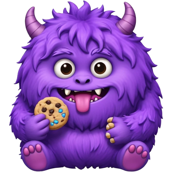 round extra cute purple fluffy monster eating a cookie emoji