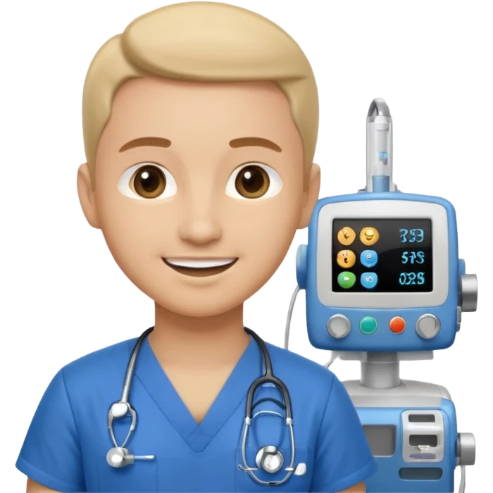 doctor with anesthesia machine, blue scrubs, smiling, modern emoji, minimal background emoji