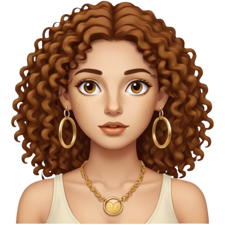 Attractive Greek woman with freckles, long curly hair, gold hoop earrings, small necklace, and lip liner on her lips emoji