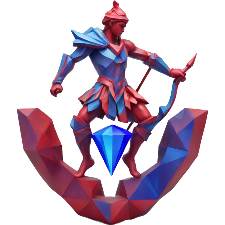 A Sagittarius sculpture with a geometric, faceted design. The Sagittarius is standing upright with angular and baroque features. The vibrant red with blue accent flame colors highlights the sharp edges and planes. emoji