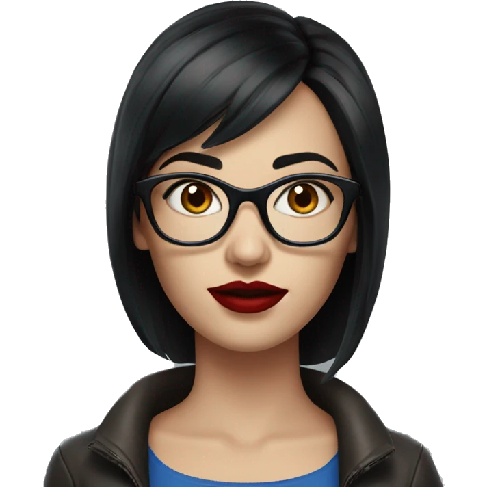 a woman with blue eyes and dark short hair realism with glasses with red lips emoji