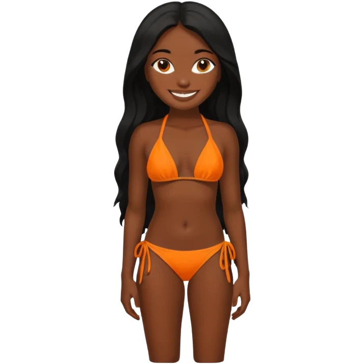 Dark black skin, african girl, long black hair, Orange bikini smiling, full body. emoji