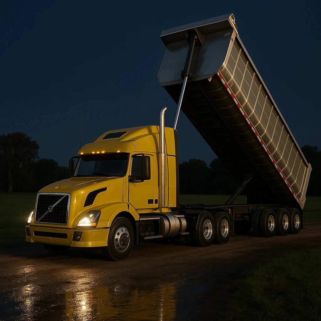 highly photorealistic Volvo yellow semi sleeper truck with a long silver end dump trailer in the raised dump position, night scene with realistic lighting and reflections, parked in a photorealistic rural country setting with fields and trees emoji