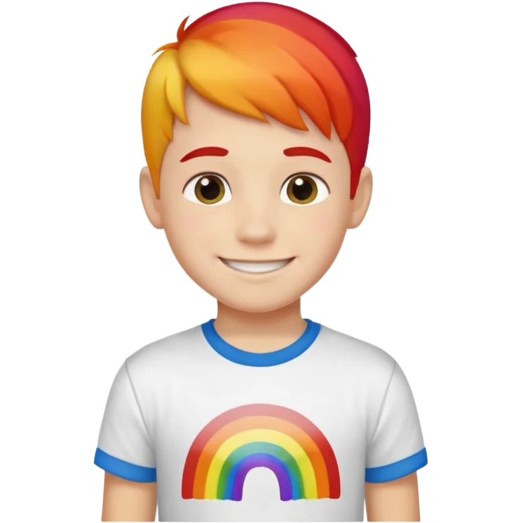 boy smiling with flower outdoors in a t-shirt that says “rainbows are gay“ emoji