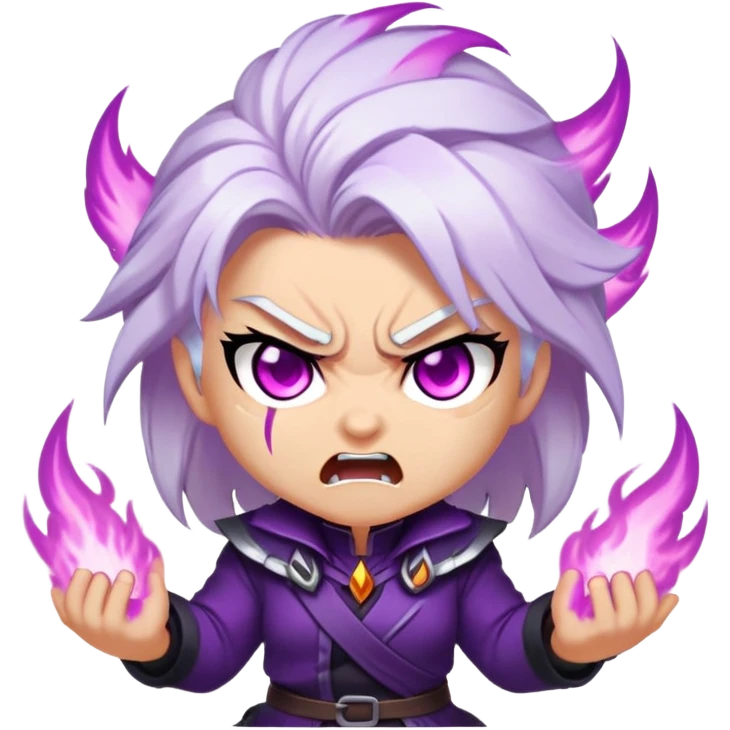 Chibi Sable Ward with rage expression, furious face, glowing purple eyes, white hair with purple streaks, flaming effect around her, angry expression emoji