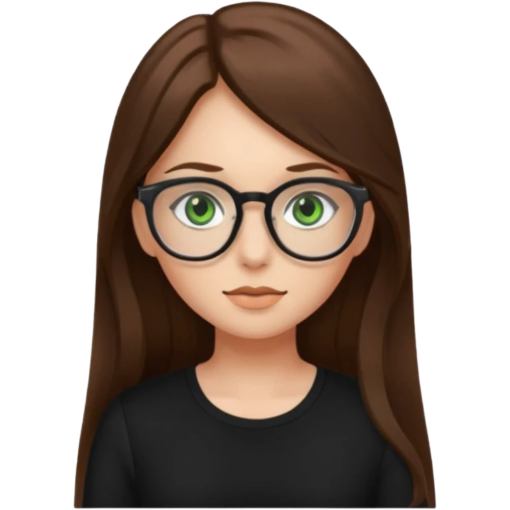 Girl with long brown hair, green eyes, glasses and a black top on emoji