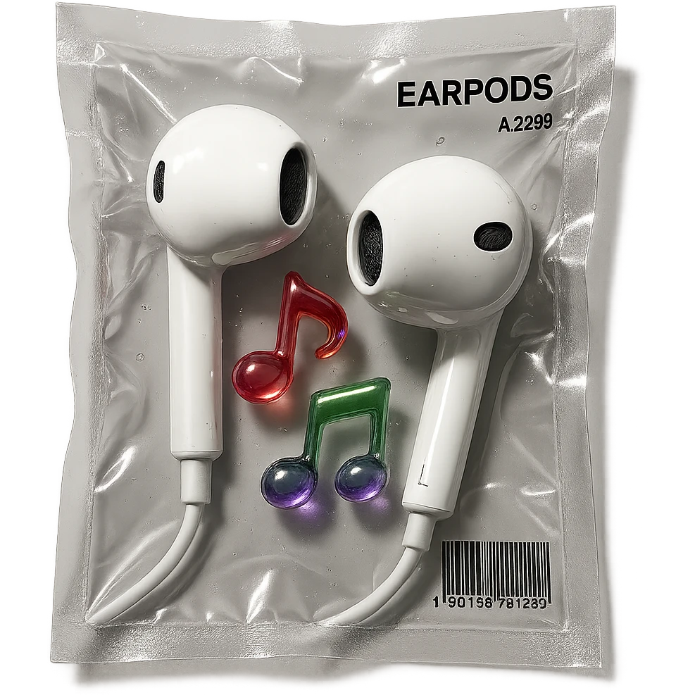 pair of white EarPods with three small glassy music notes in red, green, and purple floating around, glossy and inflated emoji