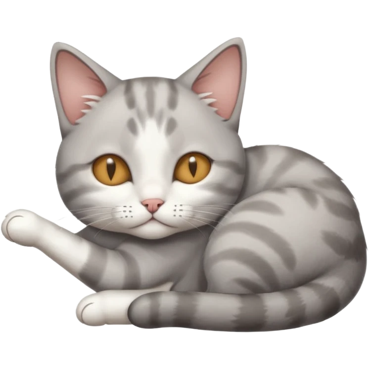 grey and white small cat with its eyes closed lying down with its paw holding up his head emoji