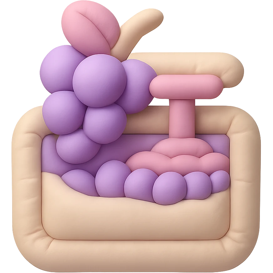 icon representing the 'crushing' step in wine making process, cushion style, soft pastel colors, plush texture emoji