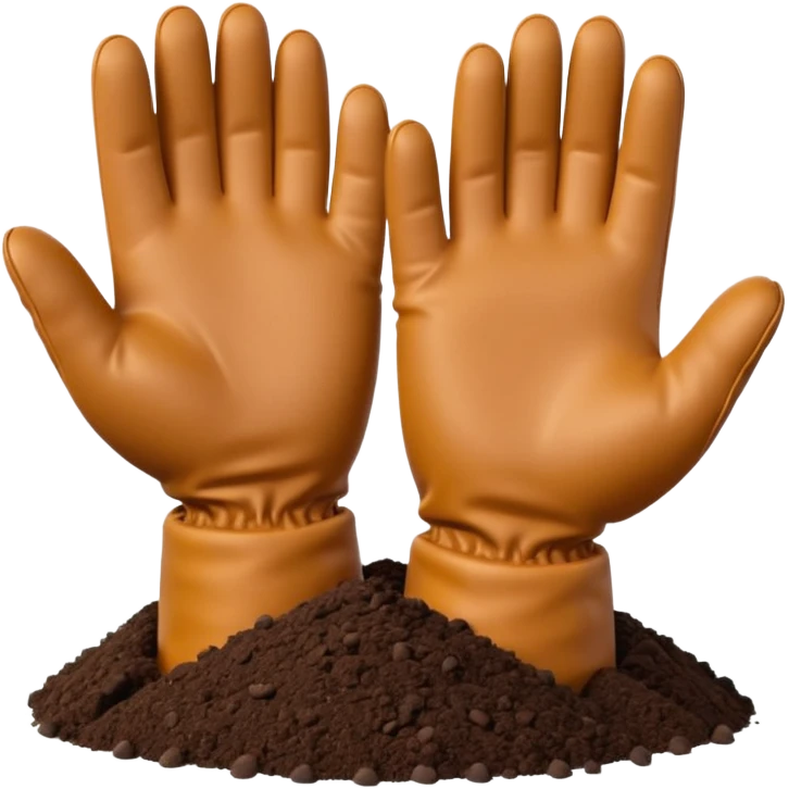 A 3D cartoon pair of gloved hands holding rich dark soil, small bits falling between fingers, bright garden background, soft light, Memoji-style realism. emoji