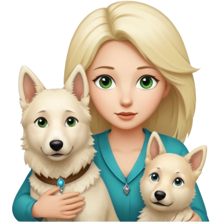 A white blonde Hair Woman with blue Green eyes with a White Shepard with a little bit beige in the fur in a lovely pose  emoji