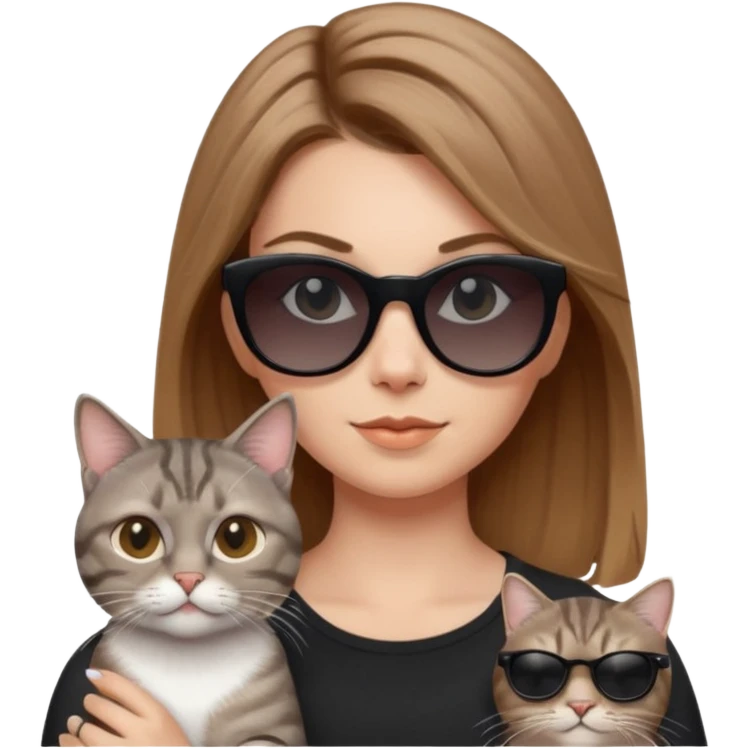 white woman with light brown ombre hair and grey tabby cat, both wearing black sunglasses, looking cool, playful expressive emoji style emoji