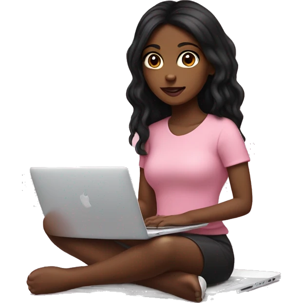 Brown skin girl with black hair sitting at pink MacBook  emoji