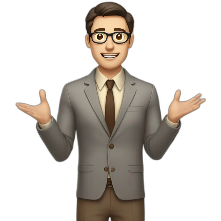 To belt Actively gesturing with hands Pale skinned fit man teacher with dark brown hair in gray jacket, beige office shirt, brown tie, brown pants and vintage glasses. emoji