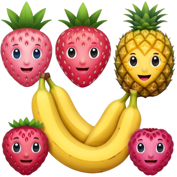 strawberry, blueberry, raspberry, banana, mango, pineapple pink lady apple playing emoji