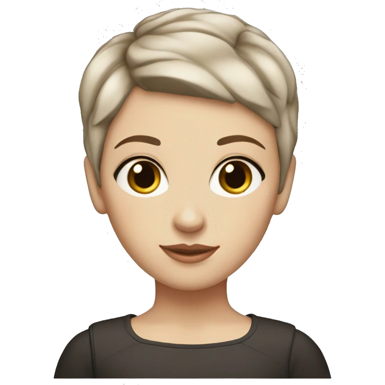 white girl with medium-length pixie cut brown hair, blue eyes, and eyeliner. emoji