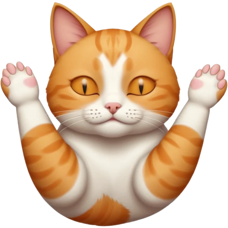 ginger and white small cat eyes closed lying down upside down with paws stretched out straight in different directions emoji