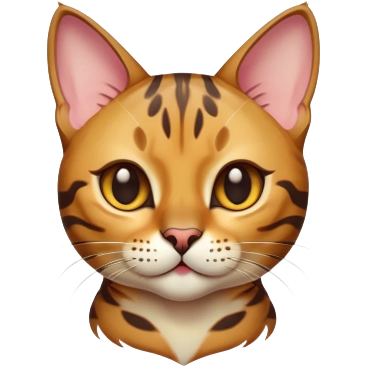 Cinematic Cute Bengal Cat Portrait Emoji, Playful and charming, sleek spotted brown and gold tones, Simplified yet adorable features, highly detailed, glowing with a warm, friendly glow, high shine, curious and affectionate, stylized with a touch of whimsy, head tilted in a playful and inquisitive manner, soft glowing outline, capturing the essence of a mischievous yet loving kitten, so endearing it feels like it could pounce out of the screen and play! emoji