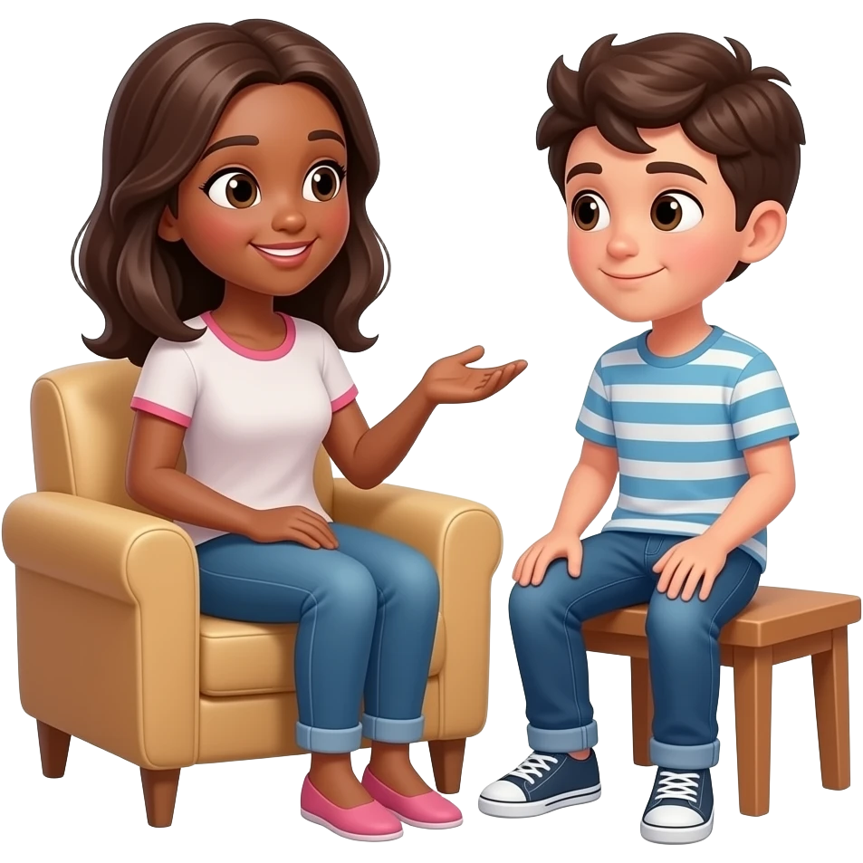 Young mother with brown hair and brown skin talking to her teenage son wearing a t-shirt and jeans on an armchair emoji