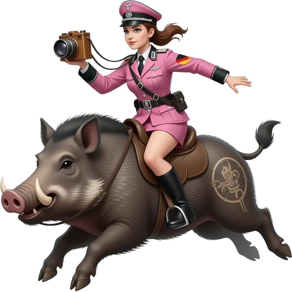 steampunk surreal - creepy female rider in pink WWII German army uniform jumping on a large tattooed boar with a wooden daguerreotype camera emoji