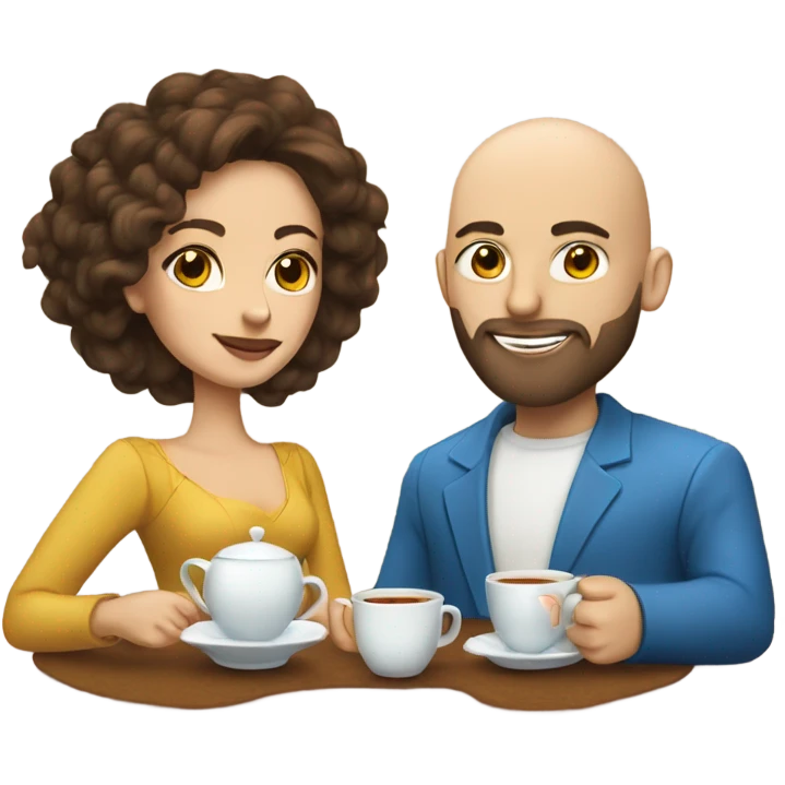 Bald man with beard and long brown haired woman with blue eyes  having a tea Time  emoji
