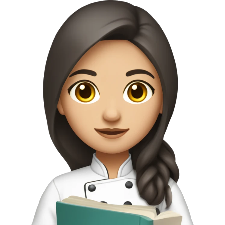 Uzbek cute female chef with cookbook and long dark brown hair and dark brown eyes emoji