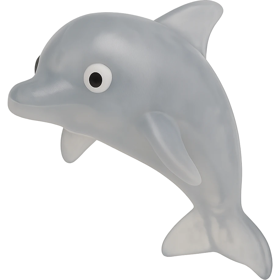 Make the dolphin a natural color (e.g., gray or blue-gray), more transparent and see-through, retro 90's toy style, derpy eyes, no tag, no background, soft plastic, soft reflections, soft and squishy, some cloudiness, not shiny, highly detailed, appealing. emoji