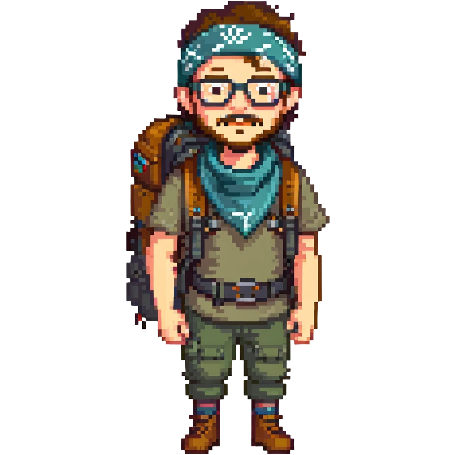 adventurer with goatee beard (no beard on cheeks), short hair, glasses, bandana on head and backpack emoji
