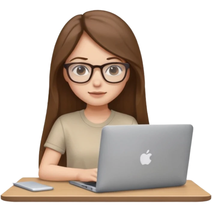 Girl in glasses,brown long hair, beige shirt, sitting with gray MacBook emoji