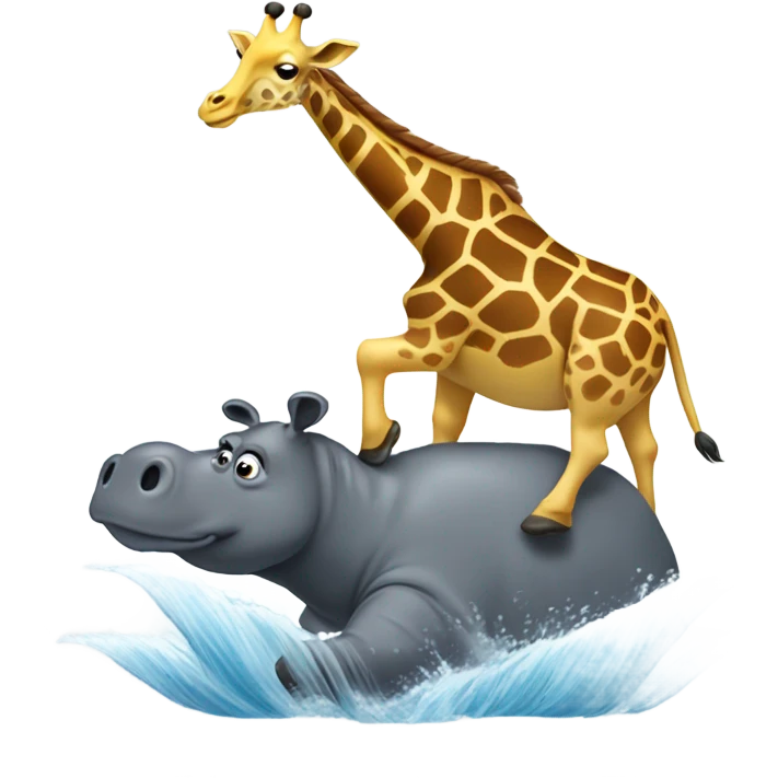 Giraffe riding hippo on a wave emoji