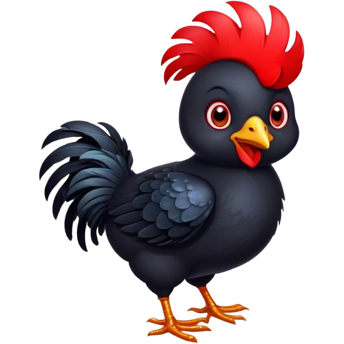 Cinematic Cute Black Chicken Portrait Emoji, Head tilted playfully and inquisitively, featuring sleek, lustrous black feathers and a vibrant red comb, round, sparkling beady eyes filled with curiosity, Simplified yet irresistibly adorable features, highly detailed, glowing with a warm, friendly glow, high shine, affectionate and lively, stylized with a touch of whimsical charm, bright and endearing, soft glowing outline, capturing the essence of a mischievous yet loving chicken, so playful it feels like it could peck out of the screen and into your arms! emoji