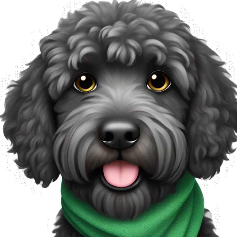 Fluffy black/grey labradoodle with green scarf emoji