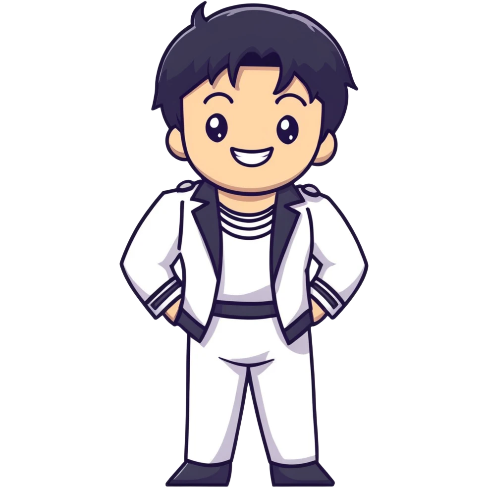 K-pop male idol with black hair, big smile, wearing stylish stage performance costume emoji