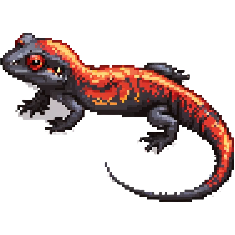 Black salamander with bright red flame-like patterns on its scales, fiery design emoji