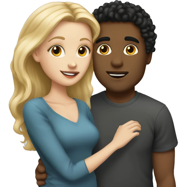 A white girl with blond straight hair kissing a light-skinned brown guy with curly black hair emoji