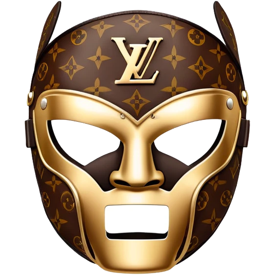 luxury Louis Vuitton luchador mask with LV monogram pattern and brown leather emoji