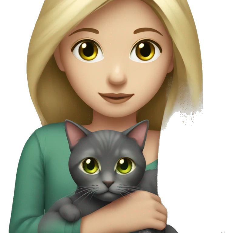 girl with long blonde hair and hazel eyes holding a dark grey cat with green eyes emoji