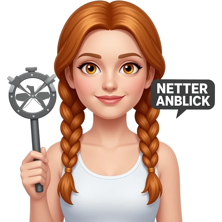 sexy girl with long ginger braids and ginger eyes wearing a white tanktop is holding a black sign with NETTER ANBLICK written on it emoji