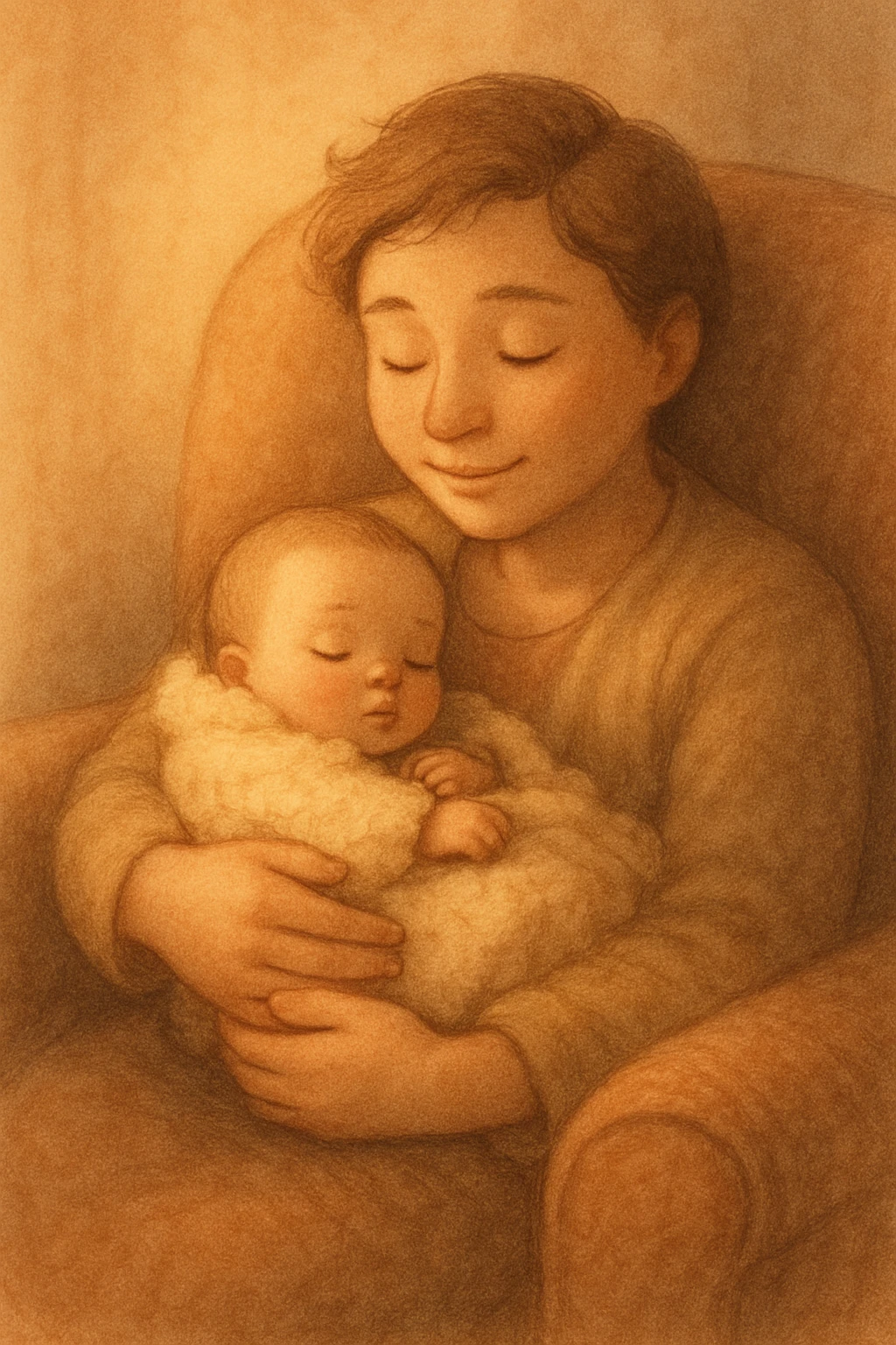 A nurturing illustration of a parent cradling a sleeping baby, warm lighting, cozy chair, soft background, the baby wrapped in a blanket, both faces peaceful and content. emoji