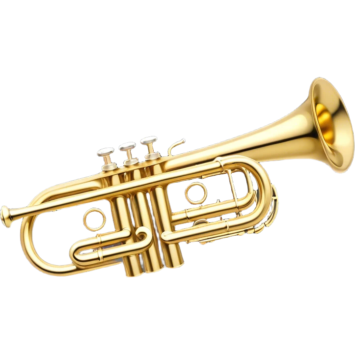 Create a sleek and professional emoji representing a Stomvi trumpet. The design should showcase the shiny, polished brass body of the trumpet with its distinct bell, valves, and tuning slides. Highlight the intricate keywork and the valve pistons, with detailed metallic accents and subtle reflections on the surface. The mouthpiece should be visible at the top of the instrument. Use golden and brass tones with light reflections to emphasize the smooth, high-quality finish. Add a few musical notes floating around the trumpet to evoke its bright and resonant sound. The background should be transparent. emoji