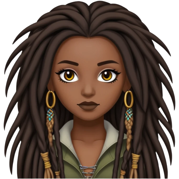 brunette, baddie, dark skin,pretty makeup, black eyeliner, long dreadlocks hair emoji