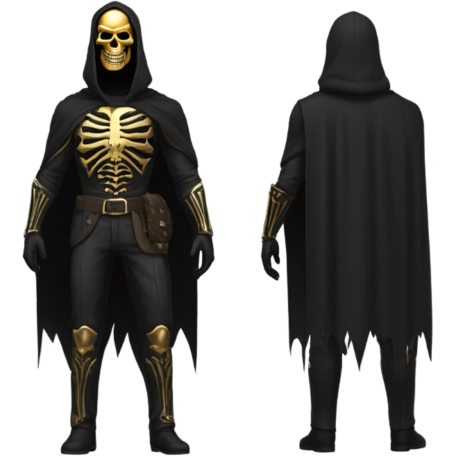 Bounty Hunter Boss with black cape and a perfect gold skull jaw mask from death Stranding, full body front and back emoji