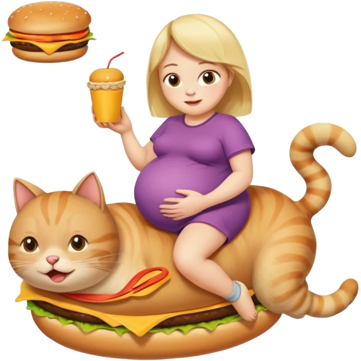 Pregnant person with downsyndrome flying on a cat while eating a cheese burger emoji