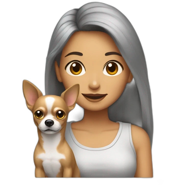 mujer con pelo muy largo gris y su perro Chihuahua emoji