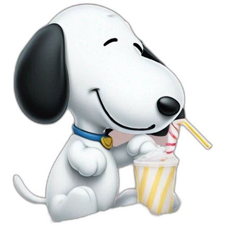 Snoopy (full body, standing) holding a straw in his hand against his nose bent over a table sucking up a pile of sugar emoji