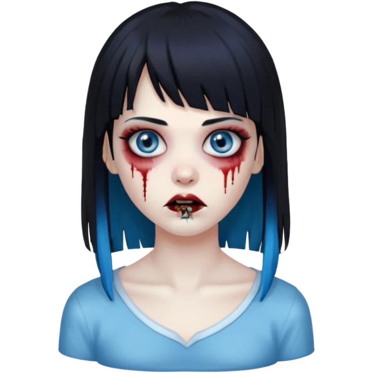 faça uma menina zumbi bonita com um cabelo liso, franja e que metade da franja seja azul e o a outra metade e resto do cabelo sejam pretos emoji