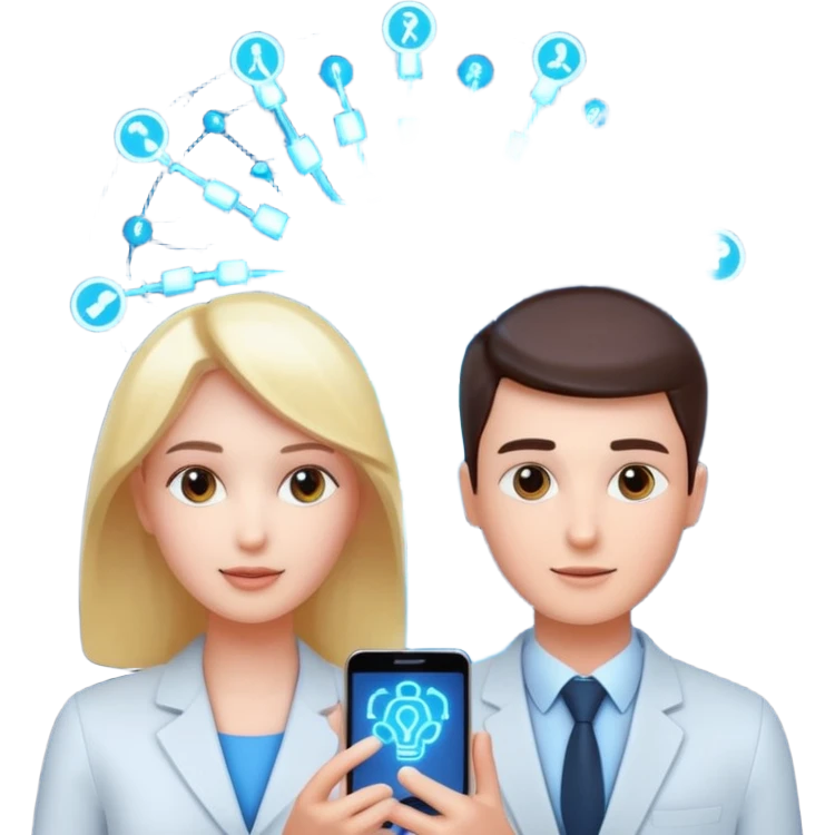 Generate a realistic emoji of a two people using a phone which shows artificial intelligence. Out of the phone is coming 3d ideas and electric symbols  emoji