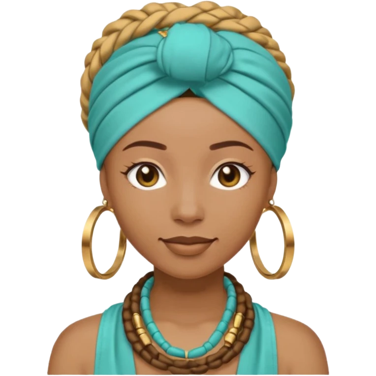 Non-portrait Jayci-vibe emoji, 1024 PNG, transparent. Headwrap (muted R-G-G), hoops, locs hint; soft smile, golden inner glow + faint heart aura. Embed: first-love, roots calm, playful grace, protective joy, consent. emoji